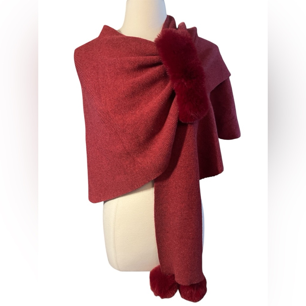 Elegant Red Knit wrap Scarf/Shawl open cardigan with faux Fur Accents pom poms